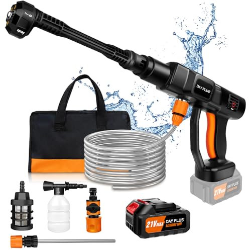 6 in 1 Cordless Power Washer, 3000mAh Battery Portable Pressure Washer, 653PSI/45Bar High Pressure Water Gun with Adjustable Nozzle, 3 Pressure Levels, 5-Meter Hose for Watering Flowers & Floor Wash