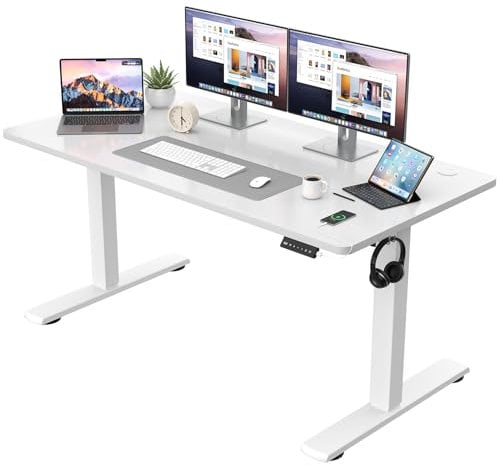 JUMMICO Höhenverstellbarer Schreibtisch KOMPLETTE TISCHPLATTE Elektrischer Schreibtisch Höhenverstellbar mit Memory-Funktion Steh-Sitz Tisch Computertisch 140 x 60 cm Weiß