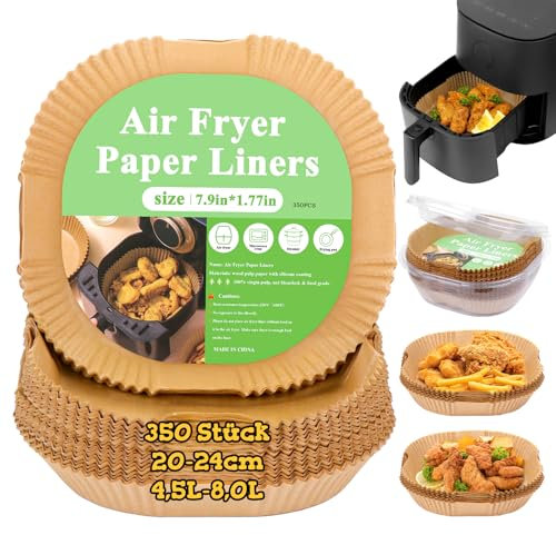 FTUREERA 350 Stück Backpapier für Heißluftfritteuse 20-24cm, Airfryer Backpapier für Heißluftfritteuse 4,5L-8L, Antihaft Wasserdicht Ölfest Backpapier Kompatibel mit COSORI Philips Ninja Cecotec