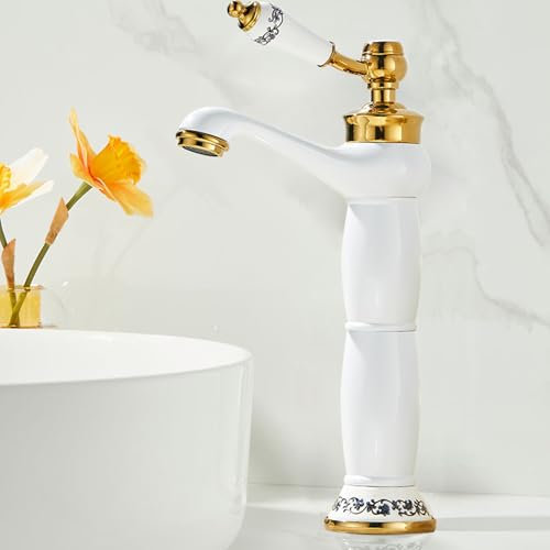 BiaoTeng Robinet Salle de Bain Blanc Monotrou Haut Connexion G1/2 Chaude et Froide, en Laiton Mitigeur Monocommande Lavabo Blanc + Or
