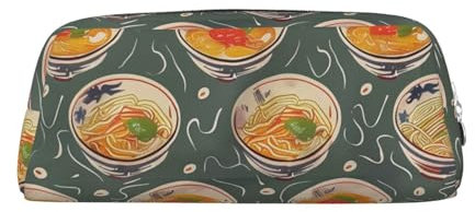 AQRJLPO Egg Cup Noodle Ramen Print Leather Pencil Case with Silver Zipper, Multi-Use Cosmetic & Stationery Organizer, Waterproof Desk Storage Pouch for School, Office & Travel Gifts