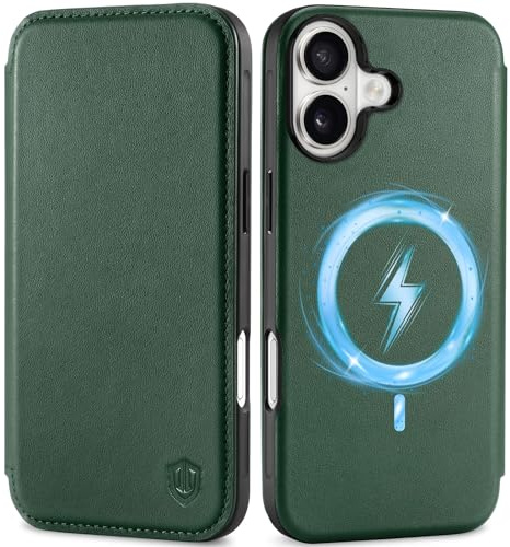 SHIELDON Dünn Hülle für iPhone 17 6,3 2025, Echtleder Handyhülle Lederhülle [Kabelloses Laden] [RFID Blocker] [Kartenfach] [Magnetverschluss] [Handy-Ösen] Cover Klapphülle - Nachtgrün