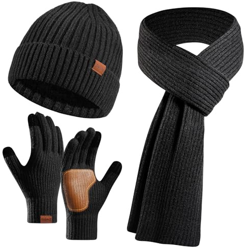 Ziwijity Winter Beanie Hat Scarf Gloves Set for Men & Women - 3PCS Knitted Warmer Set with Touchscreen Gloves, Long Soft Fleece Scarf for Cold Weather