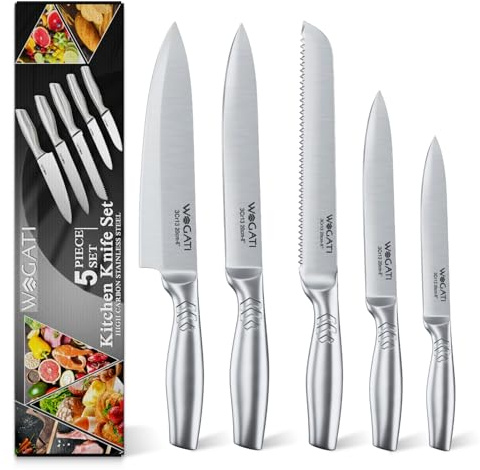 WAGATI Super-Sharp Stainless Steel Kitchen Knife Set – Professional Chef Knives Set of 5 - Kitchen Knives with Non-Stick Blades - Box Includes Chef, Bread, Carving, Utility & Paring Knife