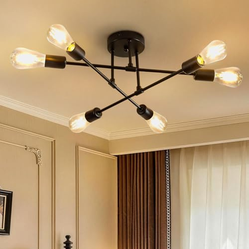 ENCOFT Deckenlampe Vintage Deckenleuchte Industrial Lampen Deckenlampen Sputnik 6 Flammig Küchenlampe Decke E27 Ceiling Light Schwarz Flurlampe Deckenbeleuchtung für Schlafzimmer Wohnzimmer Esszimmer