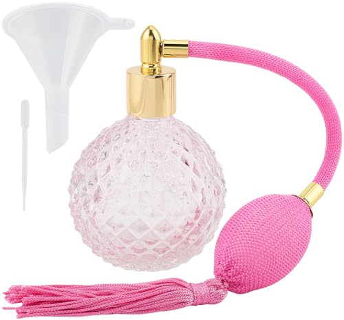 GORGECRAFT Botella de Perfume de Cristal Transparente de 100 ml con Atomizador Y Borlas de Pulverización Larga Color Rosa Vintage Rellenable Vacía con Embudo Y Gotero para Cócteles Lociones Y Aceites.