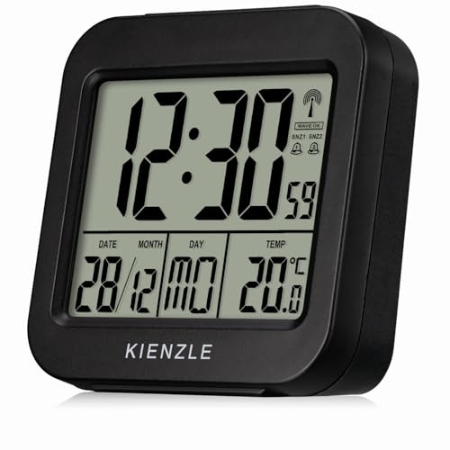 Kienzle Funkwecker Reisewecker mit Temperaturanzeige, Zwei Weckzeiten, Schlummerfunktion, LED-Hintergrundbeleuchtung, kompakt, schwarz