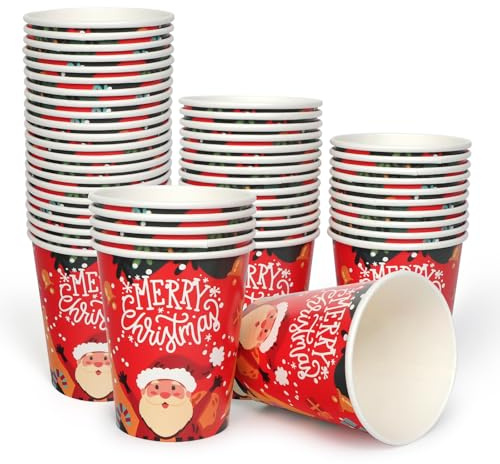 PARTY GO 60 Pezzi Bicchieri Carta Natalizi 9Oz Rosso Bicchieri Natalizi Usa e Getta Motivo Babbo Natale, Per Bevande Calde e Fredde, Monouso Ideali per Feste