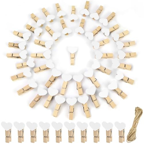qingmeng Holzklammern Klein, 50 Stück Mini Wäscheklammern Holz Weiss Herz, 3.5cm Kleine Klammern für Fotos Aufhängen Fotoseil mit Klammern, Kleine Wäscheklammern Holz für Bilder Collagen Postkarten Fo
