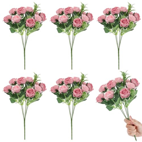 6 steli 10 teste rosa antico rosa artificiale bouquet di rose in seta con foglie fiori finti per matrimonio, decorazione tomba, casa, interni, esterni, matrimonio ufficio uso