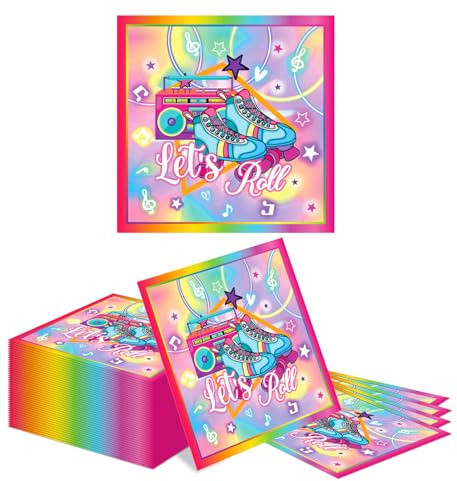 Kotkiddy 40 STK Retro Rollschuh Party Servietten Skating Motiv Papierservietten Kinder Teenager Geburtstag Tisch Deko