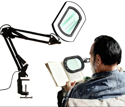 15X Square Magnifying Glass with Light and Clamp, Hands-Free Magnifying Lamp, Real Glass LED Lighted Magnifier Stand, 5 Color Modes Stepless Dimmable, Versatile Magnifying Glasses