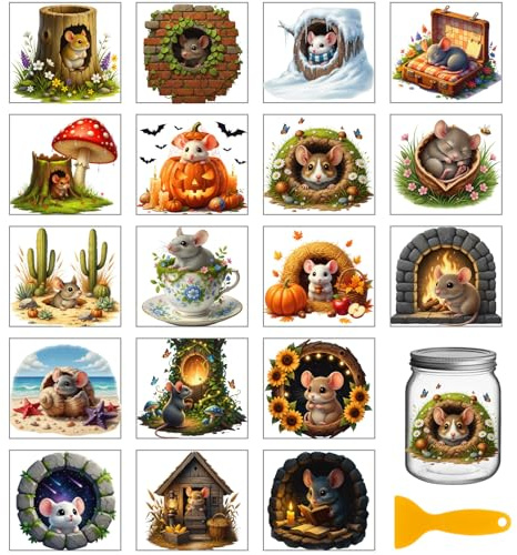 GLOBLELAND 18 Sheets Mouse Hole Transfer Sticker for Cup Crafts 3.9x3.6 inch Cute Mouse Decal Stickers Mushroom Mice Cave Rub on Transfer for Four Seasons Bottle Vase Glass Furniture Decor