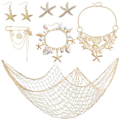 HTTDSLF Meerjungfrau Kostüm Damen, Sirenen Kostüm Meerjungfrau Zubehör, Meerjungfrauen Accessoires - Seestern Haarspange|Muschelkette&Armband|Fischernetz|Ohrhänger|Schalenstifte, für Cosplay Karneval