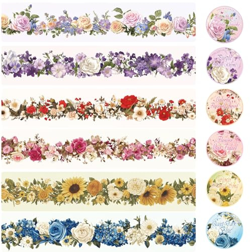 BSITSSS 6 Rollen Washi Tape Blumen, Dekoratives Klebeband Bunt, Blumenblatt Transparent Scrapbook Stickers für DIY Crafts Bullet Journals Fotoalbum Computer Scrapbooking