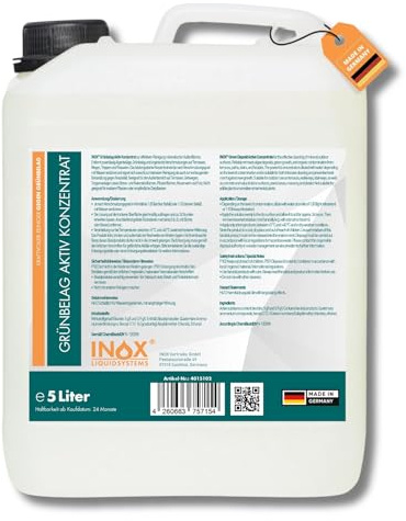 INOX® Grünbelagentferner 5L Konzentrat – Steinreiniger Intensiv für Terrasse & Gehweg – Entfernt Algen & Moos selbstständig – 1:20 Hochergiebig – Made in Germany