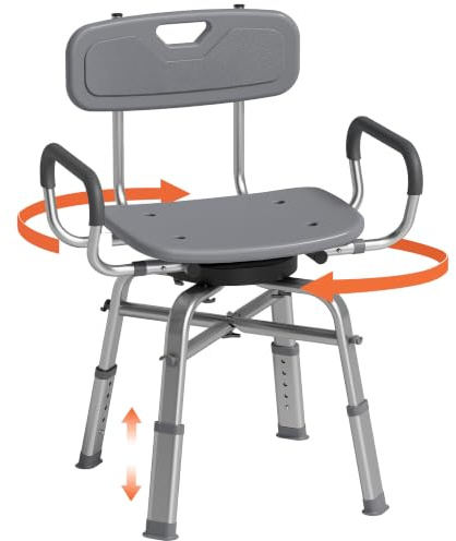 HOMCOM Sedia da Doccia Girevole 360° con Schienale per Anziani Grigio | Braccioli Estraibili, Sgabello Doccia 6 Altezza Regolabile, Antiscivolo, Lega di Alluminio, Portata 150kg, per Disabili