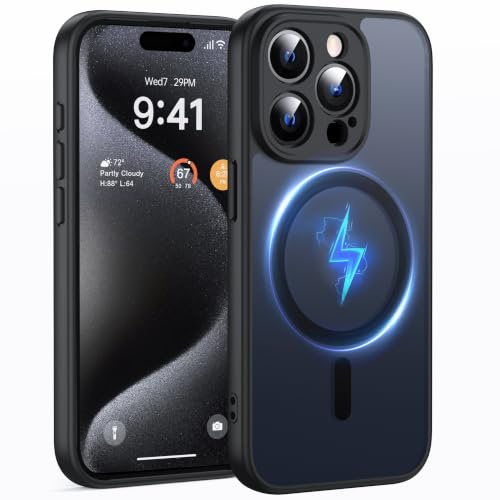 FNDMIL Strong Magnetic for iPhone 15 Pro Max Case Compatible with MagSafe | Full Camera Protection, Military Shockproof, Anti-Fingerprint & Anti-Scratch, Translucent Matte Slim Phone Case Cover,Black