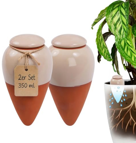 Relaxdays Tonkegel Bewässerung, 2er Set, 350 ml, terrakotta/beige | Gießhelfer mit Deckel, Zimmerpflanzen & Balkonkästen