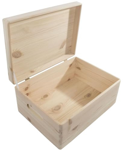 WooDeeDoo Wooden Chest Box with Hinged Lid and Etched Handles – Decorative Pine Storage for Gifts Craft Memory Keepsakes DIY Projects – 33 x 25 x 15.5 cm – Natural Finish