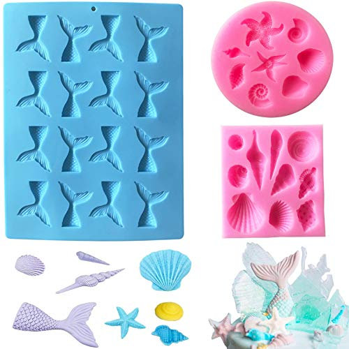 Vastsea 3 Stück Silikon Fondant Kuchen Formen, Silikonform meerjungfrau, 3D Silikon Backform, für Süßwaren, Snacks, Kuchen Backen