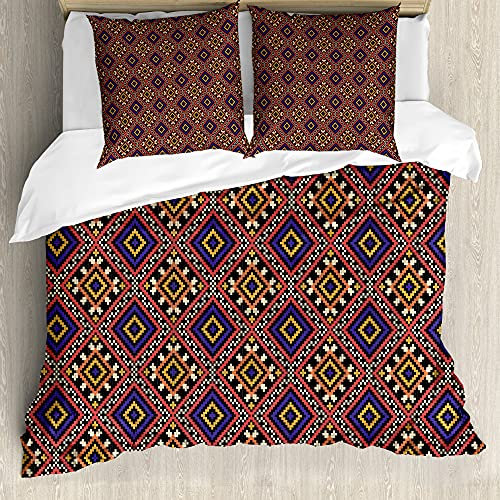 ABAKUHAUS ukrainisch Bettbezug Set für Einzelbetten, traditionelle Geometric, Milbensicher Allergiker geeignet mit Kissenbezug, 155 cm x 200 cm - 80 x 80 cm, Mehrfarbig