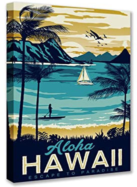 Vintage Leinwand-Wandkunst, Reise-Poster, großes Kunstwerk, Retro-Weltberühmte Stadtposter, illustriertes Bild für Wohnzimmer, Heimdekoration, mit Rahmen, fertig zum Aufhängen, Hawaii