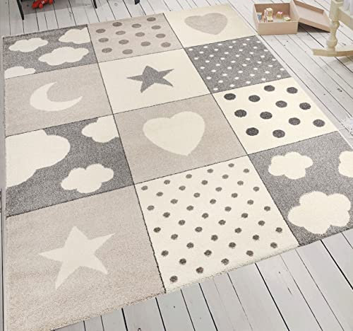 Kinderteppich Babyteppich Patchwork Wolke Herz Sterne Mond Punkte Dots | Teppich für Kinderzimmer | Verschiedene Farbvarianten, Farbe:Grau, Maße:80x150 cm