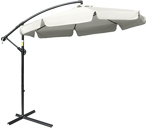 Outsunny 2.7m Garden Banana Parasol Cantilever Umbrella with Crank Handle and Cross Base for Outdoor, Hanging Sun Shade, Cream White