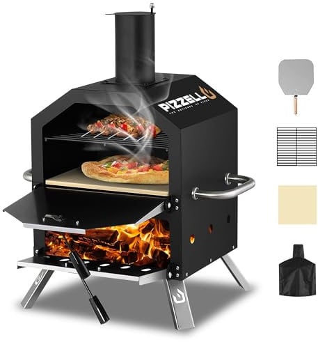 Pizzello Horno de pizza al aire libre de 2 capas de leña, horno de pizza exterior de 12 pulgadas con piedra, pelador de pizza, cubierta, estante de cocina extraíble para camping, patio trasero,