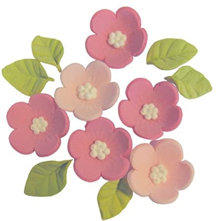 Baked With Love - Flowers and Leaves Handmade Edible Sugar Cupcake Decorations, 12 Pieces, 6 Pink Flowers and 6 Green Leaves Royal Icing Cake Toppers