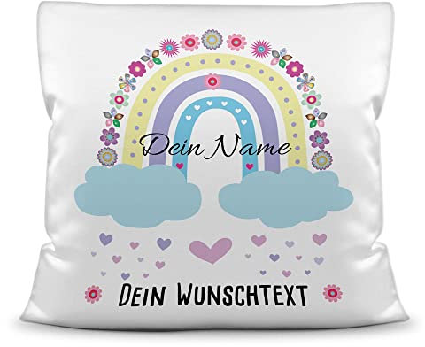 PR Print Royal Kinder-Kissen selbst gestalten mit Name & Text - Regenbogen Wolken - Geschenk für Kinder, Mädchen & Jungen - inkl. Füllung, Kissen Polyester Weiß, 40x40 cm I Personalisiert