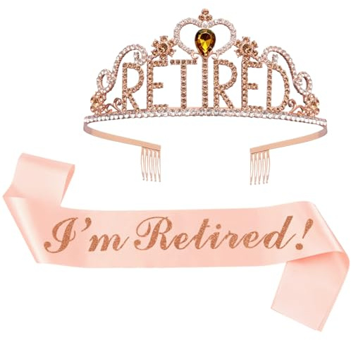 JETKONG Retirement Party Decorations Retired Tiara/Crown, Retired Sash for Women Retirement Gifts, Retirement Party Supplies, Gifts, Favors (Rose Gold)