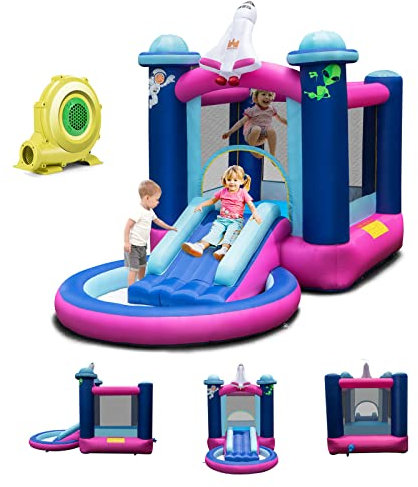 GOPLUS Château Gonflable Astre Vaisseau Spatial, Aire de Jeux Aquatique Gonflable avec Zone de Saut, Toboggan Piscine pour 3 Enfants de 3 à 10 Ans, Jusqu’à 135KG (avec Souffleur)