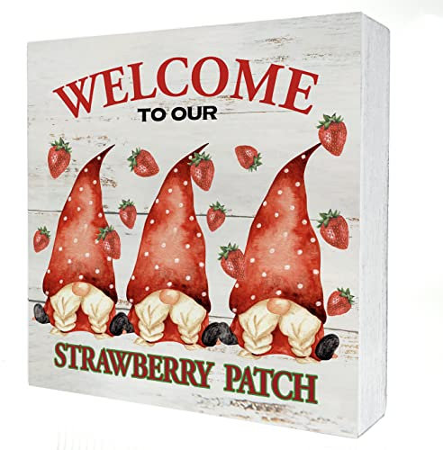 Vintage Erdbeer-Zwerg Holzkiste Schild Schreibtisch Dekor Rustikal Willkommen zu unserem Erdbeere Patch Holzblock Plakette Box Schild für Zuhause Wohnzimmer Regal Tischdekoration (12,7 x 12,7 cm)