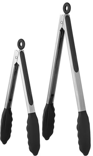 U-Taste 315℃ Ensemble de pinces de cuisson résistantes à la chaleur avec embouts en caoutchouc antiadhésif fermement scellés et poignée en acier inoxydable revêtue de silicone (23/30 cm, Noir)