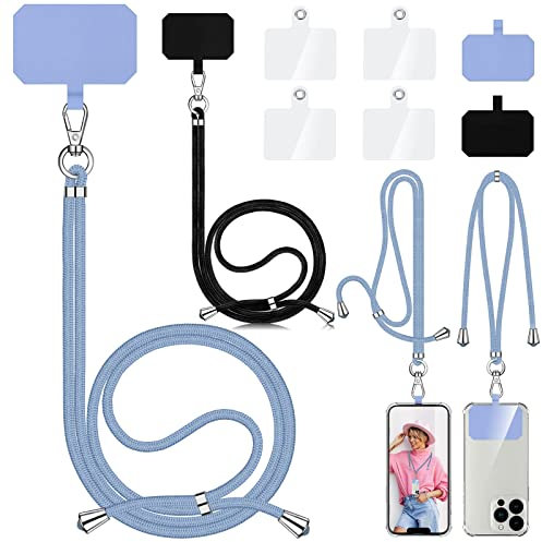 Aulese 2 Stück Handykette Universal, Unisex Einstellbares Handyband zum Umhängen, Handyschnur Schlüsselband mit 6 Pad Kompatibel mit Alle Smartphone, Handyhülle Kette Lanyard (Schwarz + Hellblau)