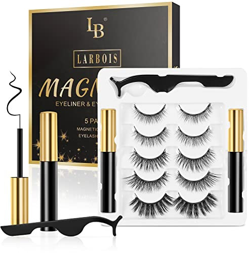 Magnetic Eyelashs Natural Look, Larbois 5 Paires Magnetic Eyelashes with 2 Tubes of Eyeliner Kit, Self Adhesive&Reusable Fluffy Fake Eyelashes Set and Waterproof&Long Lasting, No Glue Needed-01