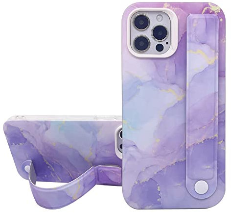 Kickstand Case for iPhone 12 Pro Max with Wrist Hand Strap Grip Holder Slim Soft TPU Bumper Hard PC Back Shockproof Protective Cover Compatible with iPhone 12 Pro Max 6.7 inch(Purple Marble)