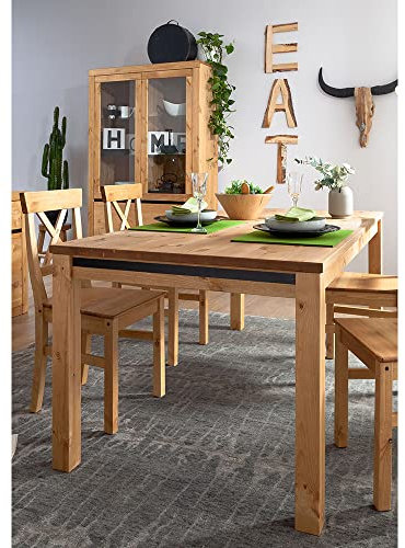 Lomadox Esszimmer Set Massivholz Esstisch 180 x 90 cm Vitrine Vitrinenschrank Standvitrine Kiefer massiv eichefarbig
