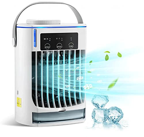 Enfriador PequeñO, 4 en 1 Aparato Aire Acondicionado Portatil | Ventilador Hielo luz ambiental azul - 3 velocidades y 3 nieblas para el hogar, oficina