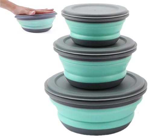 UQMIQURA Cuenco plegable con tapa, 3 unidades, para acampar, para ensalada, portátil, para conservar alimentos, camping, senderismo, cocina, escuela al aire libre (verde)