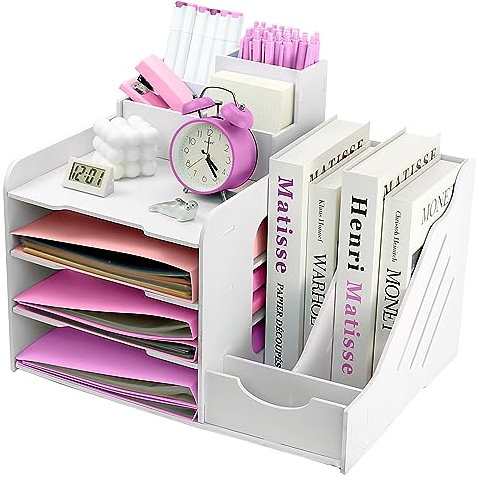 Bandeja organizadora de 4 Niveles, Bandeja de Archivo de Papel de Madera para Escritorio de Oficina, Organizador de Papel A4 de Oficina para el hogar, Escuela