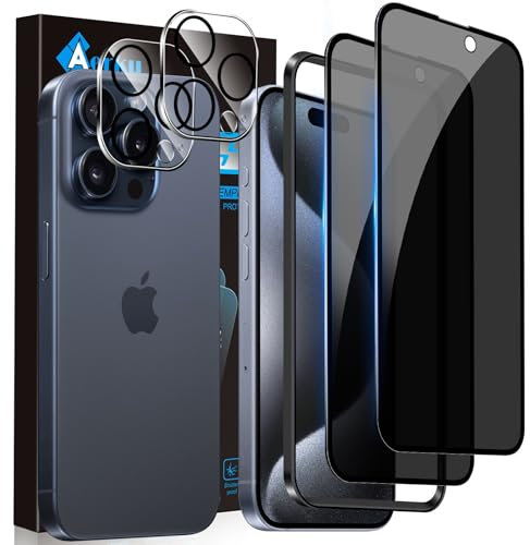 Aerku Sichtschutz Full Screen Schutzfolie für iPhone 15 Pro für Panzerglas mit Kameraschutz, 2 PCS Anti-Spy Panzer Schutz Glas Folie und 2 PCS HD Kamera Schutzfolie, 9H Kratzfest Privacy Schutzglas