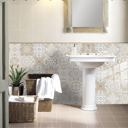 Piastrelle Adesive Cucina 20x20 Grigio Beige Piastrelle Adesive Bagno Pavimento Adesivo Paraschizzi Cucina Adesivo Piastrelle Ceramica Carta Adesiva per Mobili Vintage(10 pezzi)