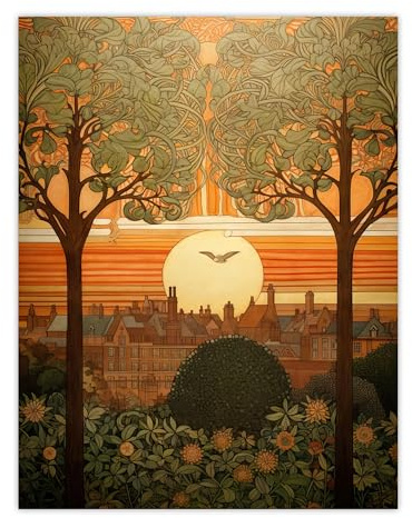 Artery8 Art Nouveau Autumn Village Sunset Artwork Painting Extra Large XL Wall Art Poster Print