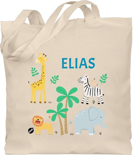 Baumwolltasche - Safari Tiere Zootiere Zoo Giraffe Zebra Löwe Elefant - Unisize - Naturweiß - stoffbeutel kindergarten personalisierte geschenke beutel personalisierter jutebeutel kinder tier