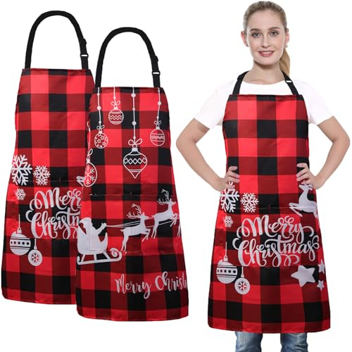 XIEJINJIA 2 Stücke Weihnachtsschürze Schwarz Rot Karomuster mit Santa Rentierschlitten Weihnachtskugeln Schneeflocken Verstellbare Wasserfest Canvas mit 2 Tasche,Lange Bänder für Küche Kochen Backen