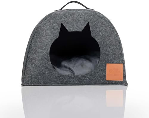 Premium Katzenhöhle – Faltbares Katzenbett mit Kissen aus Filz (Grau, 13×38×45 cm) – Für Katzen, kleine Hunde & Hasen – Weiches Schlafbett – rutschfest & Platzsparend