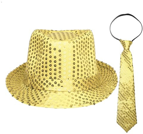 iEFiEL Unisex Glänzende Hut mit Pailletten Krawatte Set Disco Glitzernde Mütze Cosplay Disco Tanzen Kostüm Zubehör Halloween Mottoparty JGA Party Set Gold S